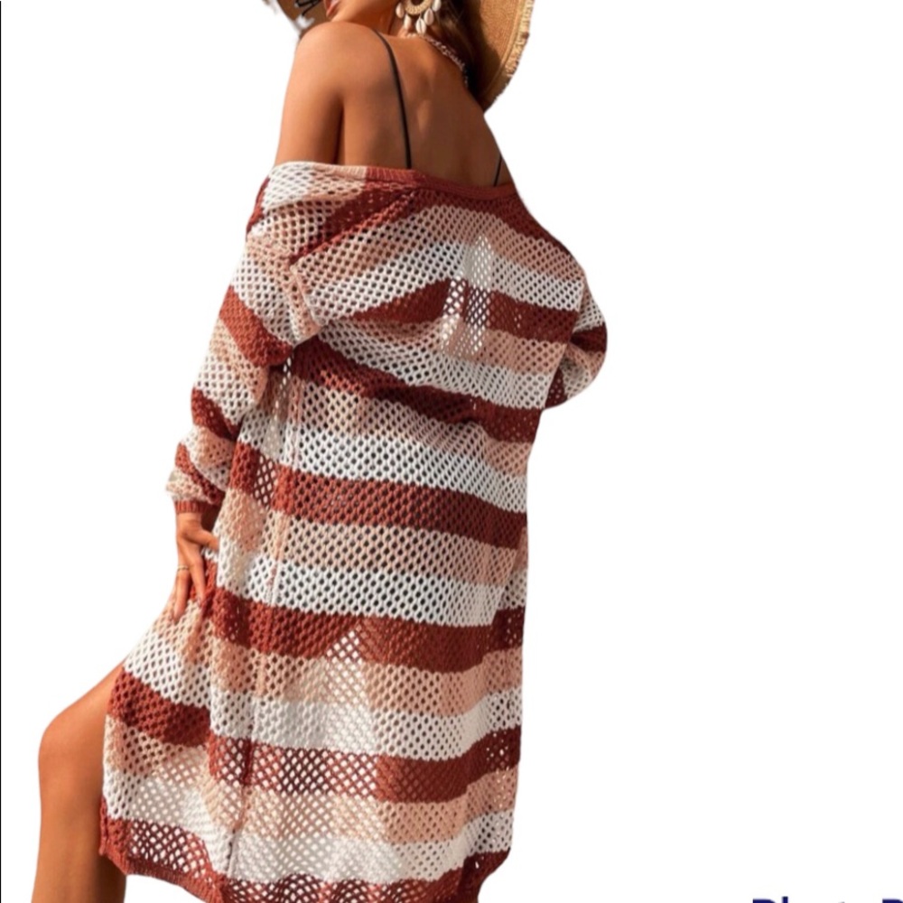 Striped Long Line Open Knit Cardigan
